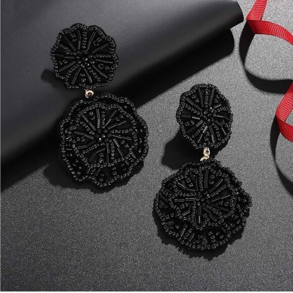 Black Beaded Double Flower Boho Dangling Drop Statement Post Back Earrings - Picture 3 of 5